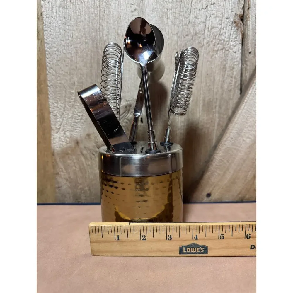 Hammered Brass Barcraft Cocktail Tool Kit & Stand 6 Piece Barware Set Drinks